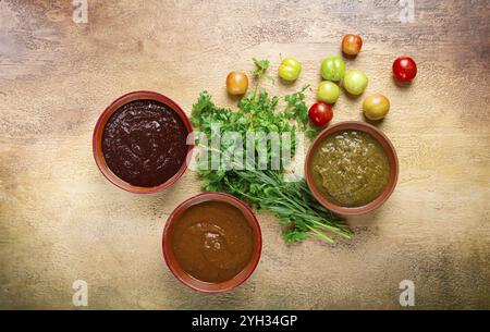 Set di salse tkemali, tre tipi di salsa tkemali, in ciotole di ceramica, vista dall'alto, cucina georgiana, non ci sono persone Foto Stock