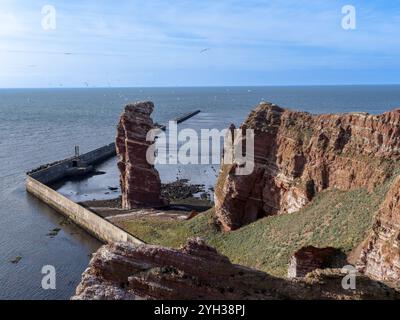 Molo da surf alto 47 metri, in arenaria rossa Lange Anna, Heligoland, Mare del Nord, distretto di Pinneberg, Schleswig-Holstein, Germania, Europa Foto Stock