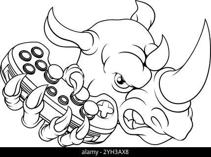 Rhino Rhinoceros Gamer Gaming Cartoon Mascot Illustrazione Vettoriale