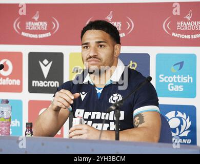 Scottish gas Murrayfield . Edimburgo Scozia Regno Unito 9 novembre 24 AUTUNNO TEST 2024/25 l'accesso mediatico scozzese alla conferenza stampa in vista della partita contro il Sudafrica Scozia CAPITANO Sione Tuipulotu - Glasgow Warriors Credit: eric mccowat/Alamy Live News Foto Stock