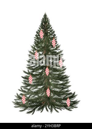 Biglietto di Natale con acquerello dell'albero di Natale. Albero sempreverde d'epoca disegnato a mano con giocattoli vintage isolati su sfondo bianco. Clip art di Foto Stock