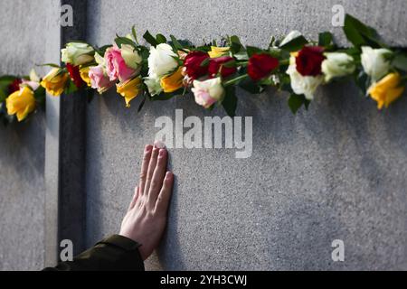 Berlino, Germania. 9 novembre 2024. Fiori al Memoriale del muro di Berlino dopo la cerimonia commemorativa che ha segnato il 35° anniversario della caduta del muro di Berlino. Berlino, Germania, il 9 novembre 2024. (Credit Image: © Beata Zawrzel/ZUMA Press Wire) SOLO PER USO EDITORIALE! Non per USO commerciale! Foto Stock