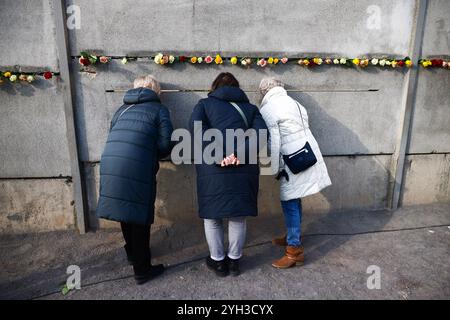 Berlino, Germania. 9 novembre 2024. Fiori al Memoriale del muro di Berlino dopo la cerimonia commemorativa che ha segnato il 35° anniversario della caduta del muro di Berlino. Berlino, Germania, il 9 novembre 2024. (Credit Image: © Beata Zawrzel/ZUMA Press Wire) SOLO PER USO EDITORIALE! Non per USO commerciale! Foto Stock