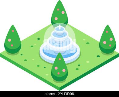 Tranquilla fontana del parco con acqua a cascata, circondata da alberi verdi e fiori rosa, perfetta per concetti di pianificazione urbana Illustrazione Vettoriale