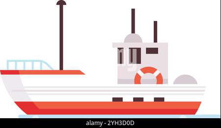 La barca da pesca, dotata di un salvagente e antenne, naviga pacificamente sulle acque calme, mostrando un design minimalista nelle tonalità del rosso, del bianco e del grigio Illustrazione Vettoriale