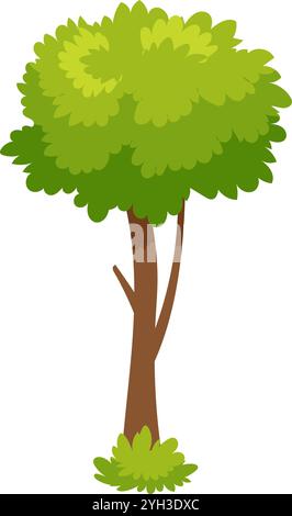 Illustrazione cartone animato di un albero sano con un tronco marrone spesso, foglie verdi lussureggianti che formano una corona completa, e piccoli cespugli alla base, creando un Illustrazione Vettoriale