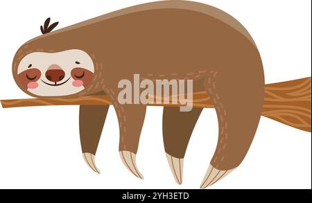 Adorabile bradipo dei cartoni animati che dorme profondamente su un ramo d'albero, godendo di un tranquillo sonno e irradiando tranquillità nel suo habitat naturale Illustrazione Vettoriale