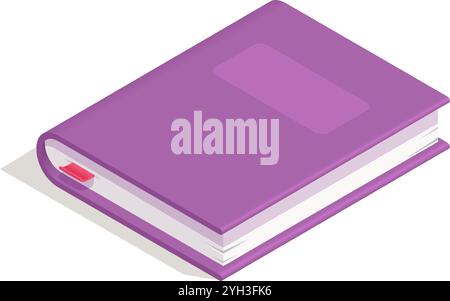 Libro chiuso in viola con segnalibro aperto nella vista isometrica, con copertina vuota, che offre ampio spazio di copia per titoli o disegni Illustrazione Vettoriale