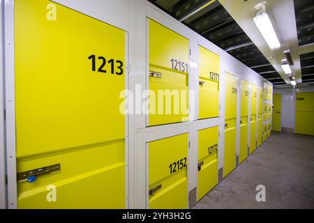 Armadietti di stoccaggio gialli numerati in una struttura ben illuminata, che offrono soluzioni di stoccaggio sicure e organizzate. Foto Stock