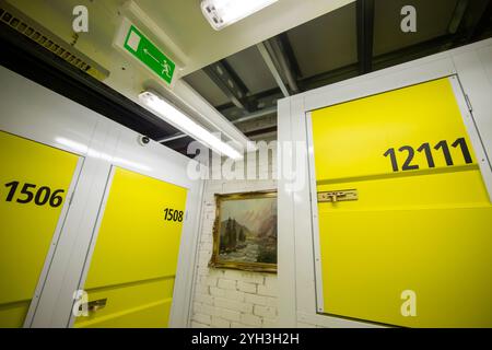 Armadietti di stoccaggio gialli numerati in una struttura ben illuminata, che offrono soluzioni di stoccaggio sicure e organizzate. Foto Stock