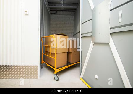 Carrello caricato con scatole di cartone in un luminoso corridoio di stoccaggio autonomo. Foto Stock