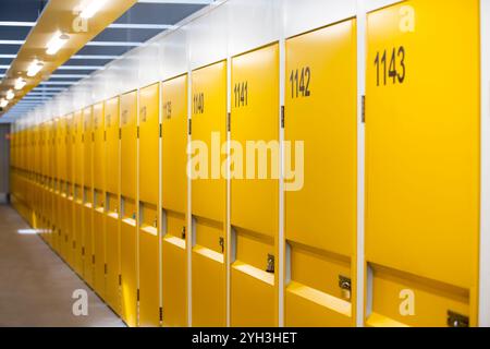 Armadietti di stoccaggio gialli numerati in una struttura ben illuminata, che offrono soluzioni di stoccaggio sicure e organizzate. Foto Stock