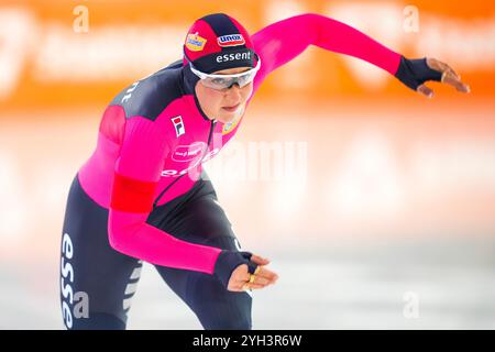 Heerenveen, Paesi Bassi. 9 novembre 2024. HEERENVEEN, PAESI BASSI - 9 NOVEMBRE: Suzanne Schulting gareggia sui 500 m durante lo Speed Skating WCQT il 9 novembre 2024 a Heerenveen, Paesi Bassi (foto di Douwe Bijlsma/Orange Pictures) crediti: Orange Pics BV/Alamy Live News Foto Stock