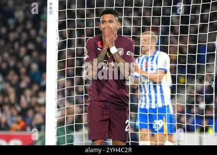 Il Savinho del Manchester City perde un'occasione durante la partita di Premier League all'American Express Stadium di Brighton. Data foto: Sabato 9 novembre 2024. Foto Stock