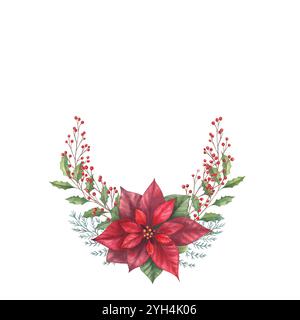 Acquerello corona di Natale floreale disegnata a mano con poinsettia, bacche rosse, rami di eucalipto, holly. Foto Stock