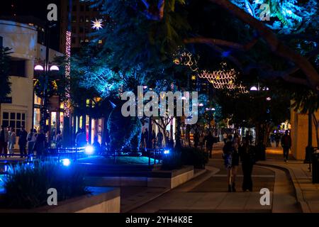 Santa Monica, Stati Uniti. 8 novembre 2024. La Third Street Promenade è illuminata di notte con le luci di Natale per l'inizio dell'inverno. Questa popolare destinazione turistica e per lo shopping vicino a Los Angeles si estende per diversi isolati della città. Crediti: Stu Gray/Alamy Live News. Foto Stock