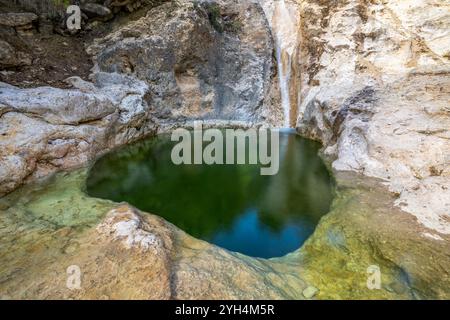 Vista di una delle piscine dei bagni Somogil nel torrente Hondares a Moratalla, regione di Murcia, Spagna, con acque verde smeraldo Foto Stock