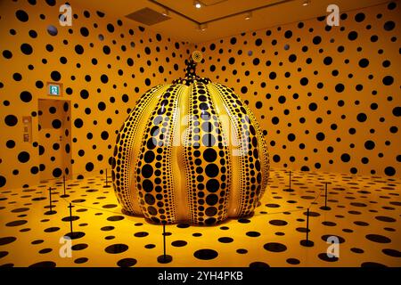 L'arte di Yayoi Kusama è esposta all'interno e all'esterno del Matsumoto City Museum of Art di Nagano in Giappone Foto Stock
