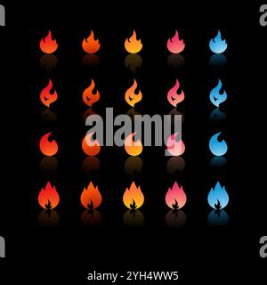 25 icone di fuoco con sfumature e forme diverse in colori che vanno da rosso, arancione, giallo, rosa a blu per Game Development Elements, Graphic Desig Illustrazione Vettoriale
