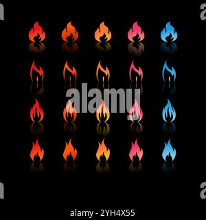 25 icone di fuoco con sfumature e forme diverse in colori che vanno da rosso, arancione, giallo, rosa a blu per Game Development Elements, Graphic Desig Illustrazione Vettoriale
