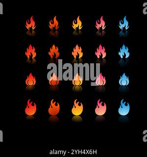 25 icone di fuoco con sfumature e forme diverse in colori che vanno da rosso, arancione, giallo, rosa a blu per Game Development Elements, Graphic Desig Illustrazione Vettoriale