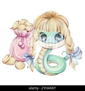 Un adorabile personaggio di serpente con trecce eleganti e sacchetti portamonete con monete. Symbol Wealth of Chines Capodanno 2025 in grazioso stile cartoni animati per souvenir Illustrazione Vettoriale