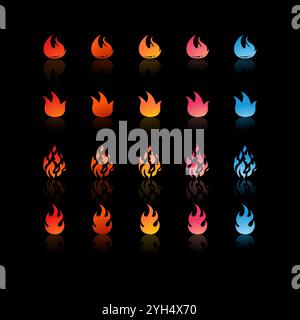 25 icone di fuoco con sfumature e forme diverse in colori che vanno da rosso, arancione, giallo, rosa a blu per Game Development Elements, Graphic Desig Illustrazione Vettoriale