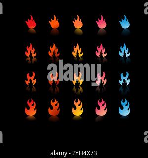 25 icone di fuoco con sfumature e forme diverse in colori che vanno da rosso, arancione, giallo, rosa a blu per Game Development Elements, Graphic Desig Illustrazione Vettoriale