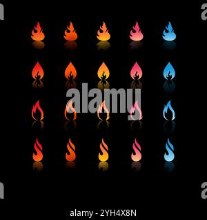 25 icone di fuoco con sfumature e forme diverse in colori che vanno da rosso, arancione, giallo, rosa a blu per Game Development Elements, Graphic Desig Illustrazione Vettoriale