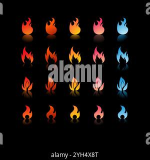 25 icone di fuoco con sfumature e forme diverse in colori che vanno da rosso, arancione, giallo, rosa a blu per Game Development Elements, Graphic Desig Illustrazione Vettoriale