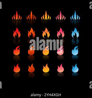 25 icone di fuoco con sfumature e forme diverse in colori che vanno da rosso, arancione, giallo, rosa a blu per Game Development Elements, Graphic Desig Illustrazione Vettoriale