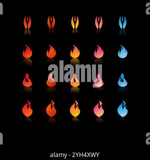 25 icone di fuoco con sfumature e forme diverse in colori che vanno da rosso, arancione, giallo, rosa a blu per Game Development Elements, Graphic Desig Illustrazione Vettoriale