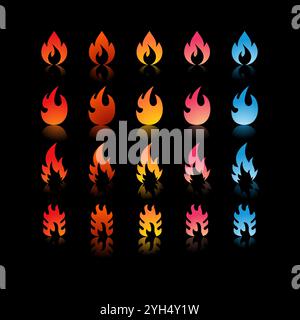 25 icone di fuoco con sfumature e forme diverse in colori che vanno da rosso, arancione, giallo, rosa a blu per Game Development Elements, Graphic Desig Illustrazione Vettoriale