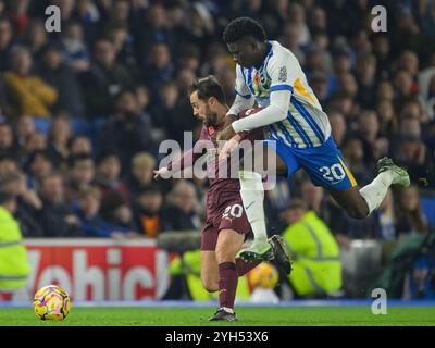 Brighton, Regno Unito. 9 novembre 2024. Brighton, Inghilterra - 9 novembre: Carlos Baleba (destra) di Brighton & Hove Albion combatte con Bernardo Silva (sinistra) del Manchester City durante la partita di Premier League 2024/25 tra Brighton e Hove Albion contro il Manchester City all'Amex Stadium il 9 novembre 2024 a Brighton, Inghilterra. (David Horton/SPP) credito: SPP Sport Press Photo. /Alamy Live News Foto Stock