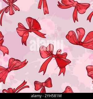 Nastri con fiocco rosso con motivo senza cuciture. Illustrazione dello schizzo disegnato a mano vettoriale. Decorazioni natalizie, sfondo regalo di compleanno. Stampa tessile moda, tessuto, Illustrazione Vettoriale