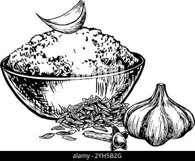 Aglio, cumino e chiodi di garofano in polvere essiccati in un recipiente. Grafica vettoriale con l'immagine di spezie aromatiche. Illustrazione in bianco e nero disegnata a mano. Per un po' Illustrazione Vettoriale