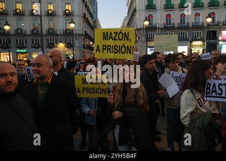 Madrid, Spagna. 10 novembre 2024. Decine di persone si sono riunite a Puerta del Sol a Madrid per partecipare alle manifestazioni che sono state convocate in Spagna per questo 9 novembre per chiedere le dimissioni del presidente della Generalitat Valenciana, Carlos Mazón, accusato di cattiva gestione durante la DANA che ha colpito la regione il 29 ottobre e che ad oggi ha causato la morte di oltre 200 persone. Crediti: D. Canales Carvajal/Alamy Live News Foto Stock