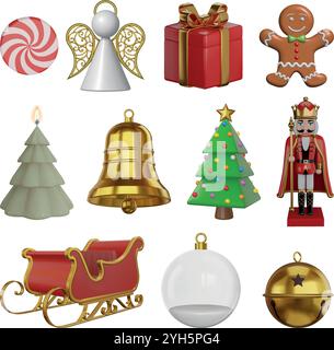 set di elementi natalizi 3d isolati. collezione di realistiche decorazioni natalizie. Illustrazione Vettoriale