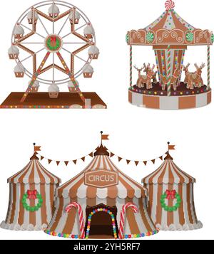 circo di pan di zenzero 3d isolato, ruota panoramica e carosello. parco divertimenti di natale con caramelle e biscotti Illustrazione Vettoriale