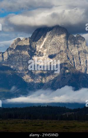 Willow Flats giace sotto il Monte Moran mentre emerge da una nebbia. Grand Teton National Park, Wyoming Foto Stock