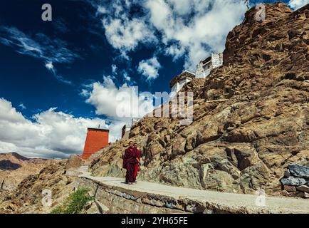 Due monaci buddisti che camminano vicino a Namgyal Tsemo Gompa a Leh Foto Stock