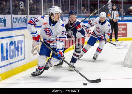 Rochester, New York, Stati Uniti. 8 novembre 2024. Il difensore dei Rochester Americans Ryan Johnson (23) pattina nel terzo periodo contro l'Hartford Wolf Pack. I Rochester Americans ospitarono l'Hartford Wolf Pack in una partita della American Hockey League alla Blue Cross Arena di Rochester, New York. (Jonathan tenca/CSM) (immagine di credito: © Jonathan tenca/Cal Sport Media). Crediti: csm/Alamy Live News Foto Stock