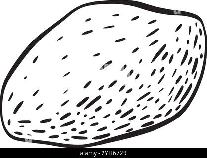 Un'illustrazione minimalista che raffigura una patata, ideale per temi legati alle arti culinarie e alle scelte alimentari biologiche. Grafica vettoriale in bianco e nero disegnata a mano in line art per materiali stampati, interni e altro ancora. Illustrazione Vettoriale