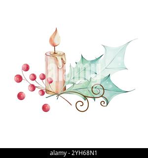 Candela di natale ad acquerello con abete con foglie verdi di agrifoglio e frutti di bosco rossi. Dipinto a mano per l'invito e la carta di nozze, salva la data e festeggia Illustrazione Vettoriale