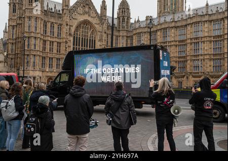 Londra, Regno Unito. 9 novembre 2024. Durante la dimostrazione viene mostrato un breve filmato. I manifestanti si sono riuniti a Westminster per chiedere il rilascio dell'attivista anti-baleniera Paul Watson, arrestato in Groenlandia in base a un mandato internazionale emesso dal Giappone. Credito: SOPA Images Limited/Alamy Live News Foto Stock