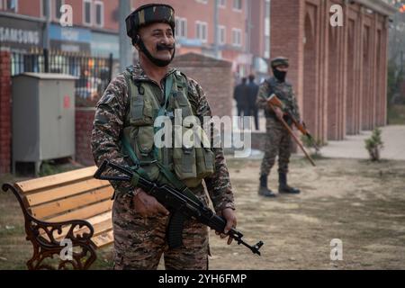 Srinagar, India. 10 novembre 2024. I soldati paramilitari indiani sono in guardia all'interno del recentemente istituito Balidan Stambh o memoriale dei martiri a Srinagar, la capitale estiva del Jammu e del Kashmir. Il memoriale è stato costruito al Pratab Park nel cuore di Srinagar come tributo al personale dell'esercito indiano, della polizia del Jammu e del Kashmir e delle forze paramilitari che sono state uccise durante le guerre e le operazioni di insurrezione di decenni nella regione travagliata dell'Himalaya. Credito: SOPA Images Limited/Alamy Live News Foto Stock