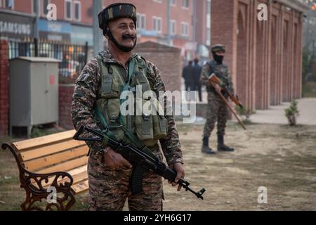 Srinagar, India. 10 novembre 2024. I soldati paramilitari indiani sono in guardia all'interno del recentemente istituito Balidan Stambh o memoriale dei martiri a Srinagar, la capitale estiva del Jammu e del Kashmir. Il memoriale è stato costruito al Pratab Park nel cuore di Srinagar come tributo al personale dell'esercito indiano, della polizia del Jammu e del Kashmir e delle forze paramilitari che sono state uccise durante le guerre e le operazioni di insurrezione di decenni nella regione travagliata dell'Himalaya. (Foto di Faisal Bashir/SOPA Images/Sipa USA) credito: SIPA USA/Alamy Live News Foto Stock