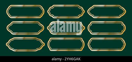 Cornici islamiche. Modello di biglietto d'auguri arabo. Semplici riquadri di linee con doppio tratto. Set di bordi marocchini dorati su sfondo scuro. Tradizionale Illustrazione Vettoriale