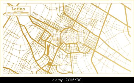 Latina Italia Mappa della città in colori dorati in stile retrò. Mappa di contorno. Illustrazione vettoriale. Illustrazione Vettoriale