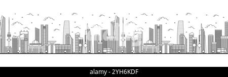 Motivo senza cuciture con contorno dello skyline di Kuwait City con edifici moderni isolati sul bianco. Illustrazione vettoriale. Paesaggio urbano del Kuwait con monumenti storici. Illustrazione Vettoriale